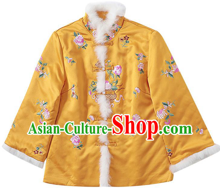 Chinese Traditional Embroidered Yellow Cotton Wadded Jacket Winter Tang Suit Overcoat Garment