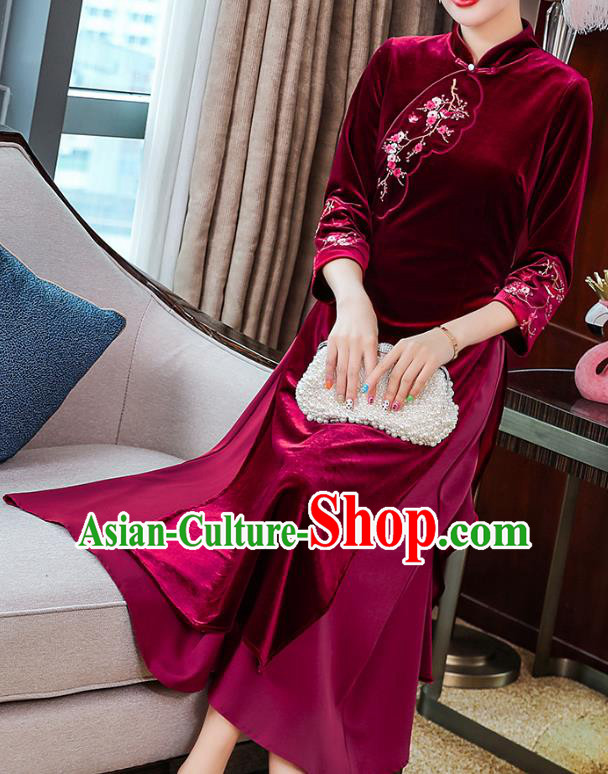 China Tang Suit Wine Red Velvet Qipao Dress Traditional Embroidered Plum Blossom Cheongsam Costume