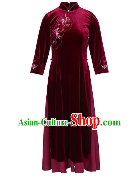 China Tang Suit Wine Red Velvet Qipao Dress Traditional Embroidered Plum Blossom Cheongsam Costume