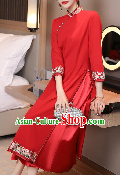 China Modern Dance Aodai Qipao Dress Traditional Tang Suit Embroidered Red Cheongsam Costume