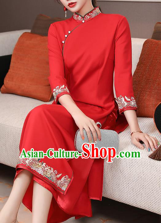 China Modern Dance Aodai Qipao Dress Traditional Tang Suit Embroidered Red Cheongsam Costume