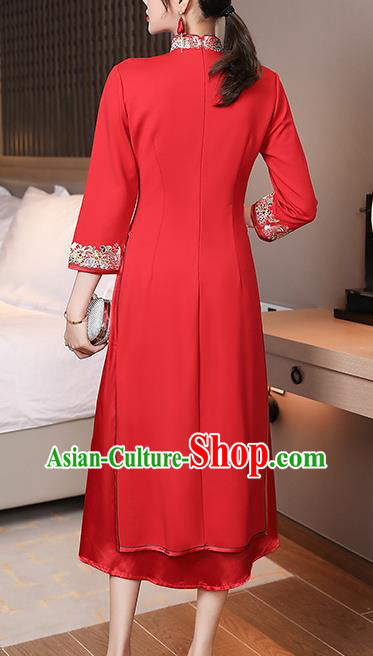 China Modern Dance Aodai Qipao Dress Traditional Tang Suit Embroidered Red Cheongsam Costume