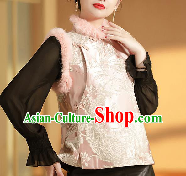 Chinese National Phoenix Pattern Cotton Wadded Waistcoat Traditional Tang Suit Pink Brocade Vest