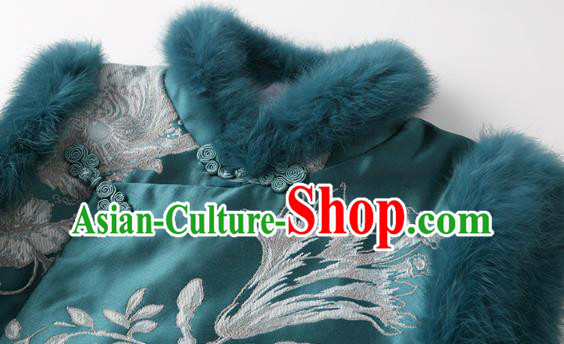 Chinese Traditional Tang Suit Green Brocade Vest National Phoenix Pattern Cotton Wadded Waistcoat
