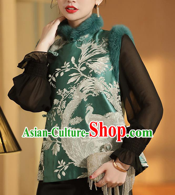 Chinese Traditional Tang Suit Green Brocade Vest National Phoenix Pattern Cotton Wadded Waistcoat