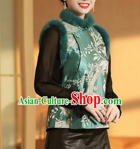 Chinese Traditional Tang Suit Green Brocade Vest National Phoenix Pattern Cotton Wadded Waistcoat