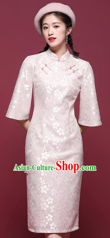 China National Tang Suit Light Pink Lace Cheongsam Modern Dance Trumpet Sleeve Qipao Dress
