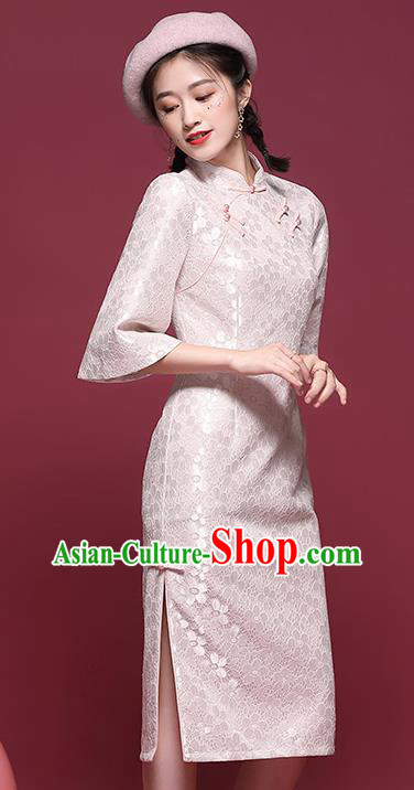 China National Tang Suit Light Pink Lace Cheongsam Modern Dance Trumpet Sleeve Qipao Dress