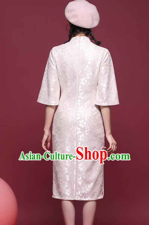 China National Tang Suit Light Pink Lace Cheongsam Modern Dance Trumpet Sleeve Qipao Dress