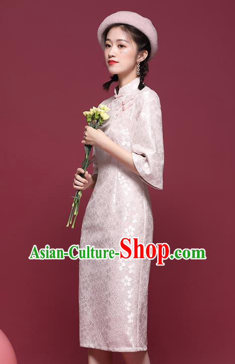 China National Tang Suit Light Pink Lace Cheongsam Modern Dance Trumpet Sleeve Qipao Dress