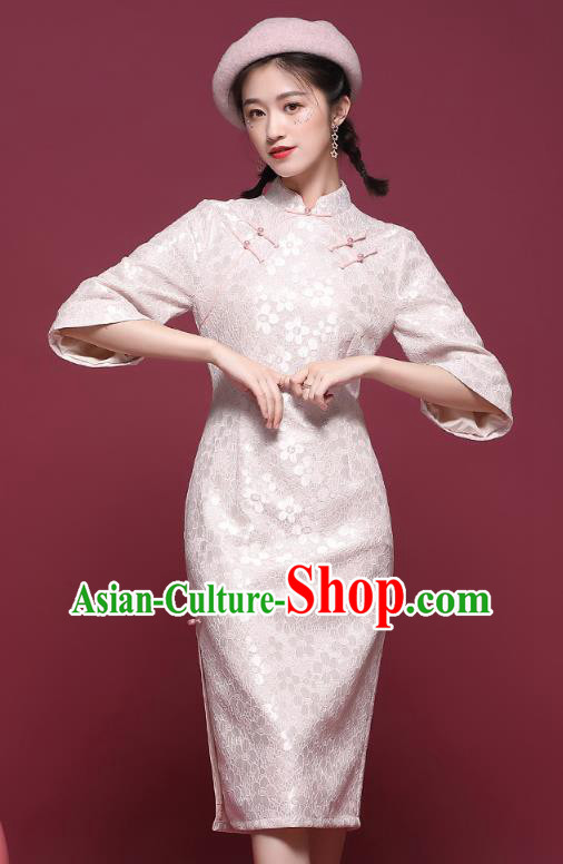 China National Tang Suit Light Pink Lace Cheongsam Modern Dance Trumpet Sleeve Qipao Dress