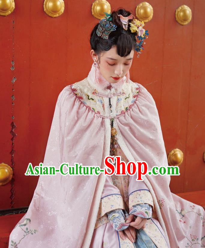 China Ancient Court Lady Cloak Clothing Traditional Qing Dynasty Palace Princess Embroidered Pink Cape