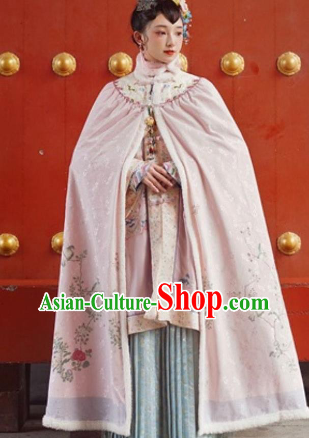China Ancient Court Lady Cloak Clothing Traditional Qing Dynasty Palace Princess Embroidered Pink Cape
