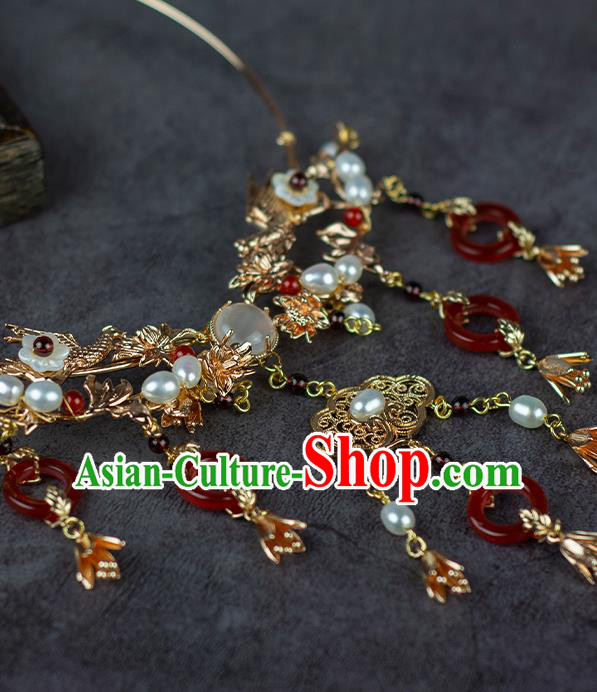 China Classical Wedding Necklace Accessories Traditional Ming Dynasty Princess Red Agate Tassel Necklet