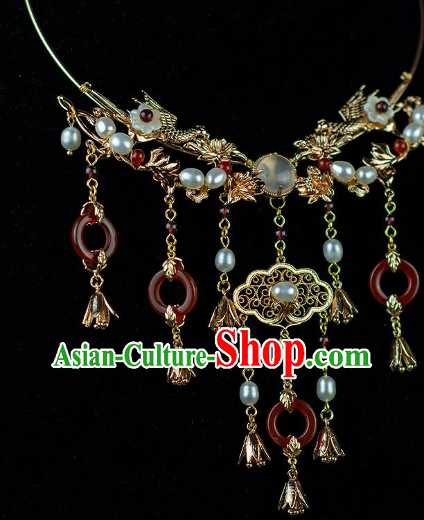 China Classical Wedding Necklace Accessories Traditional Ming Dynasty Princess Red Agate Tassel Necklet