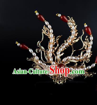 Chinese Traditional Wedding Hair Accessories Ancient Ming Dynasty Empress Pearls Golden Phoenix Hair Crown