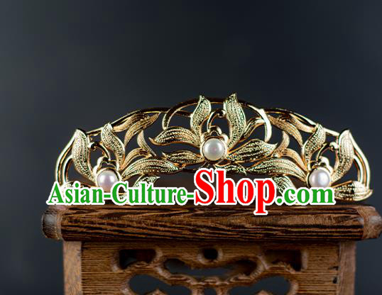 Chinese Traditional Hanfu Pearls Hairpin Hair Accessories Ancient Ming Dynasty Princess Golden Orchids Hair Crown