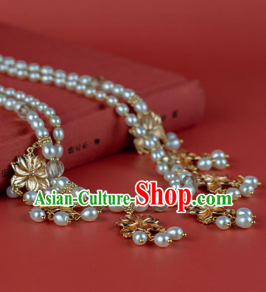 China Classical Golden Lotus Necklace Accessories Traditional Tang Dynasty Princess Pearls Necklet