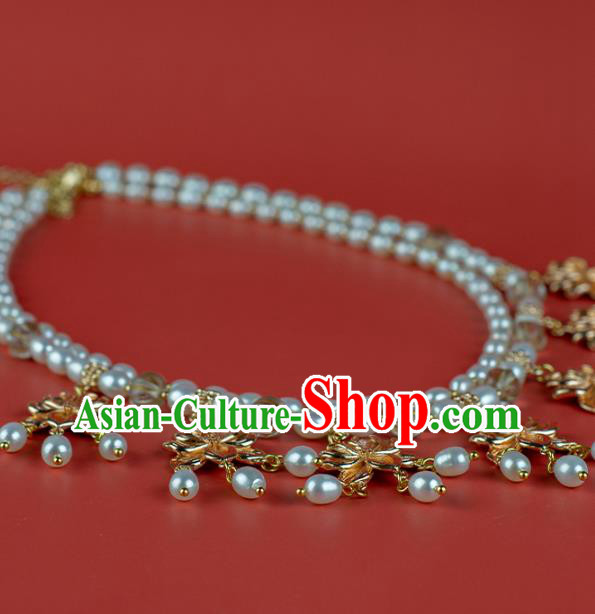 China Classical Golden Lotus Necklace Accessories Traditional Tang Dynasty Princess Pearls Necklet
