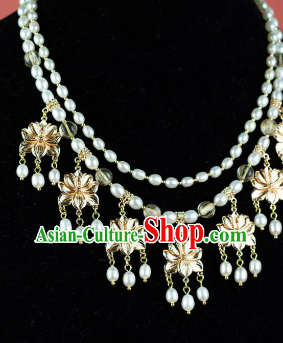 China Classical Golden Lotus Necklace Accessories Traditional Tang Dynasty Princess Pearls Necklet