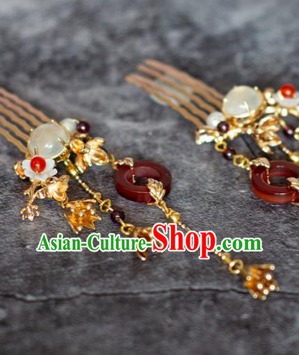 Chinese Traditional Hanfu Hair Accessories Agate Hairpin Ancient Ming Dynasty Princess Tassel Hair Combs