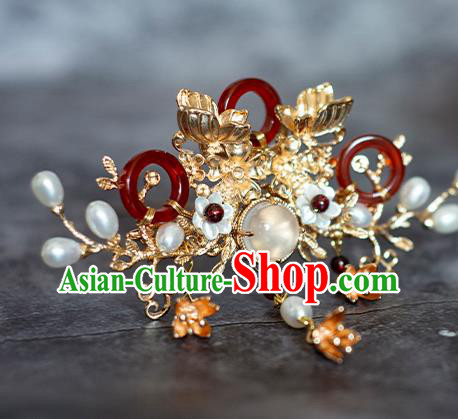 Chinese Traditional Song Dynasty Golden Butterfly Hairpin Ancient Empress Agate Hair Crown