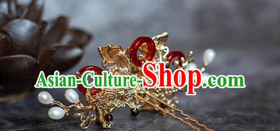Chinese Traditional Song Dynasty Golden Butterfly Hairpin Ancient Empress Agate Hair Crown