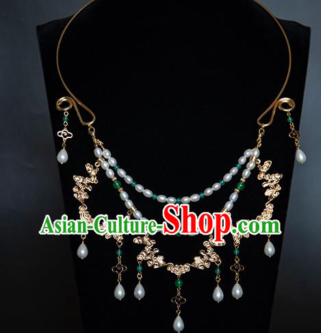 China Classical Pearls Necklace Traditional Tang Dynasty Princess Golden Cloud Necklet Accessories