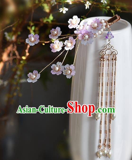 Chinese Traditional Purple Sakura Hairpin Hanfu Hair Accessories Ancient Princess Pearls Tassel Hair Claw