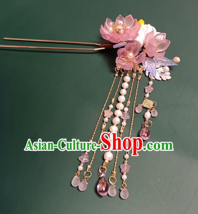 Chinese Ancient Princess Tassel Hairpin Hanfu Hair Accessories Traditional Ming Dynasty Pink Lotus Hair Comb