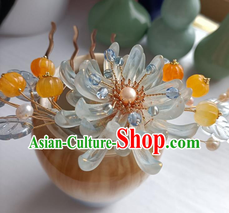 Chinese Hanfu Hair Accessories Traditional Song Dynasty Blue Chrysanthemum Hair Comb Ancient Young Lady Hairpin