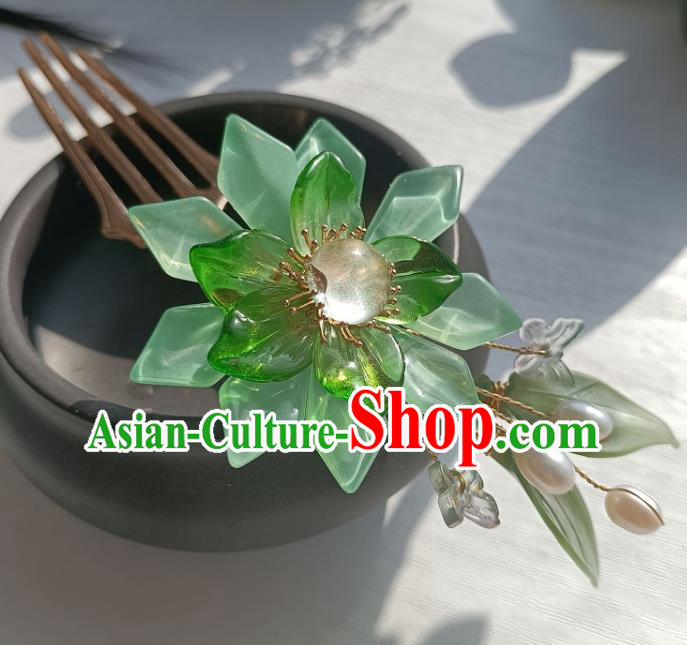 Chinese Ancient Palace Lady Hairpin Hanfu Hair Accessories Traditional Ming Dynasty Green Mangnolia Hair Comb