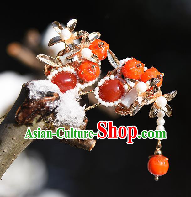 Chinese Traditional Red Persimmon Hairpin Handmade Hair Accessories Ancient Palace Lady Agate Hair Stick
