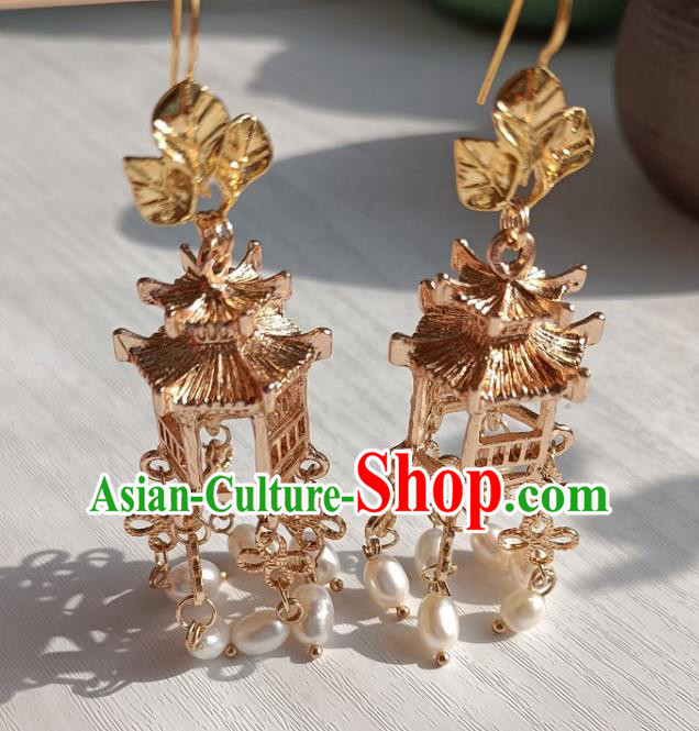 China Handmade Ancient Ming Dynasty Empress Golden Lantern Earrings Traditional Hanfu Ear Accessories