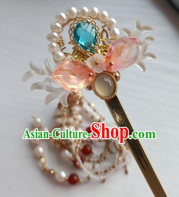 Chinese Ancient Palace Lady Beads Tassel Hairpin Hanfu Hair Accessories Traditional Ming Dynasty Shell Hair Stick