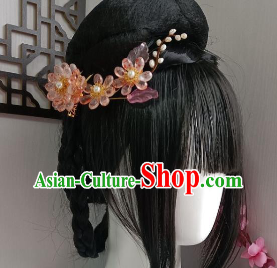 Chinese Ancient Imperial Concubine Hairpin Hanfu Hair Accessories Traditional Tang Dynasty Pink Chrysanthemum Hair Stick