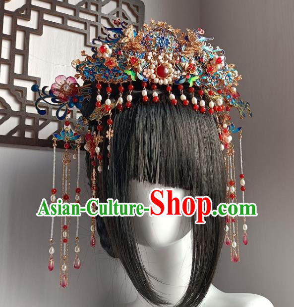 Chinese Ancient Empress Cloisonne Hair Crown Hanfu Hair Accessories Traditional Qing Dynasty Phoenix Coronet