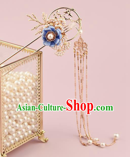 Chinese Traditional Blue Flower Hairpin Handmade Hair Accessories Ancient Hanfu Tassel Hair Stick