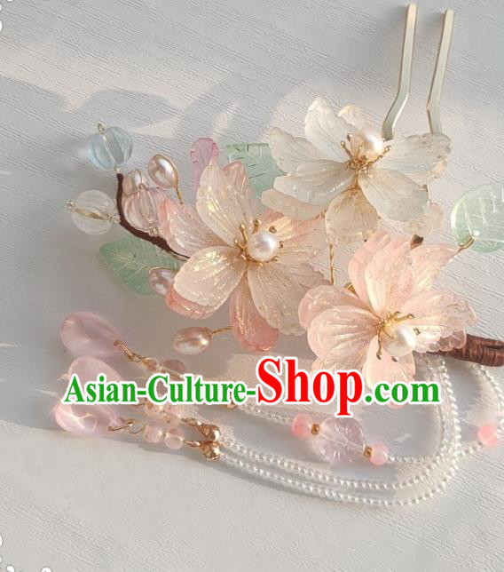 Chinese Ancient Princess Peach Blossom Hairpin Hanfu Hair Accessories Traditional Ming Dynasty Beads Tassel Hair Stick