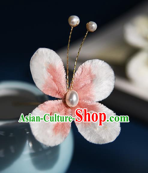 Chinese Traditional Cheongsam Pearls Hairpin Hair Accessories Ancient Princess Pink Velvet Butterfly Hair Stick