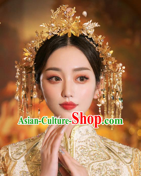 Chinese Classical Xiuhe Suit Golden Flowers Hair Crown Traditional Wedding Hair Accessories Full Set