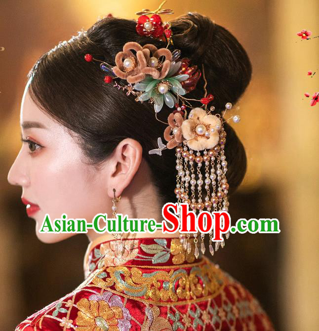 Chinese Traditional Wedding Hair Accessories Classical Xiuhe Suit Velvet Flowers Hairpins Full Set