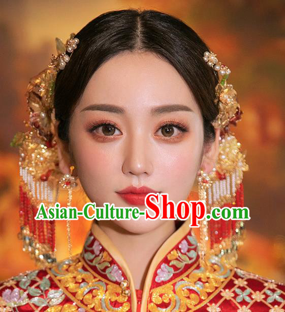 Chinese Traditional Wedding Bride Hair Accessories Classical Xiuhe Suit Beads Tassel Hairpins