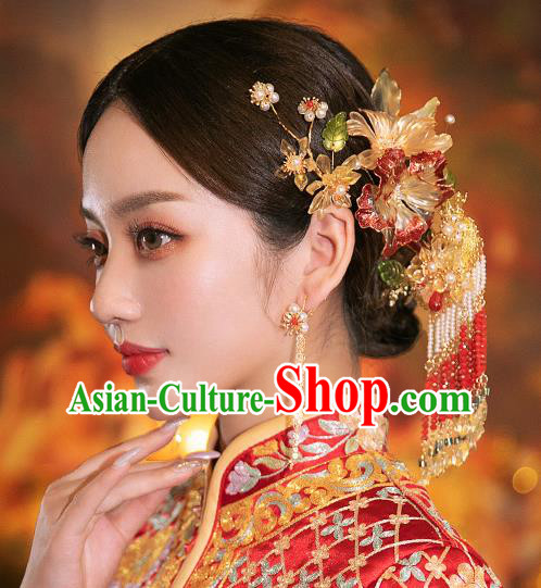 Chinese Traditional Wedding Bride Hair Accessories Classical Xiuhe Suit Beads Tassel Hairpins