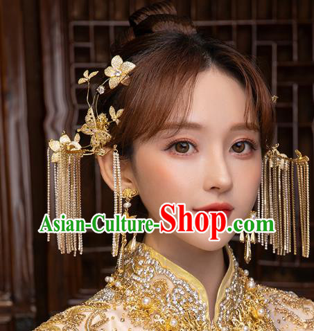 China Handmade Ancient Bride Golden Butterfly Tassel Earrings Traditional Wedding Ear Accessories
