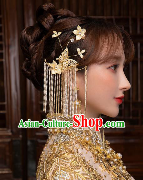 China Handmade Ancient Bride Golden Butterfly Tassel Earrings Traditional Wedding Ear Accessories
