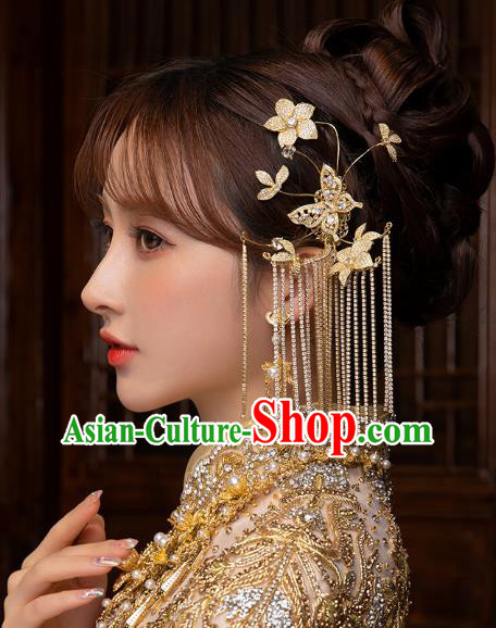 China Handmade Ancient Bride Golden Butterfly Tassel Earrings Traditional Wedding Ear Accessories