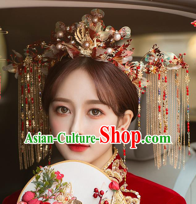 Chinese Traditional Wedding Hair Accessories Classical Xiuhe Suit Tassel Hair Crown Bride Phoenix Coronet