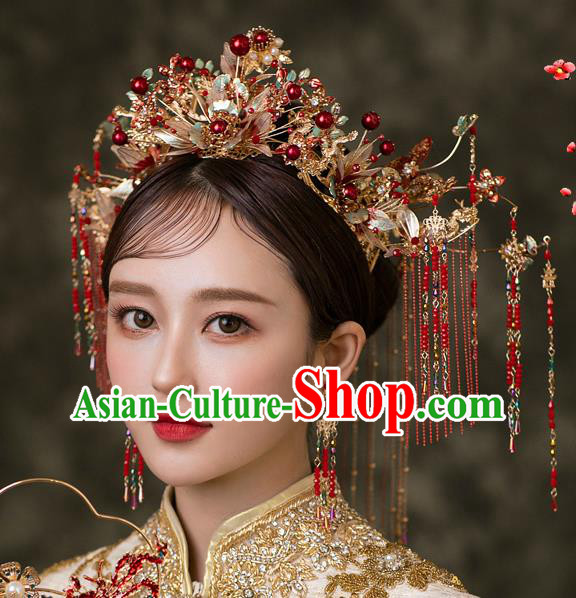 Chinese Classical Xiuhe Suit Red Tassel Hair Crown Bride Phoenix Coronet Traditional Wedding Hair Accessories