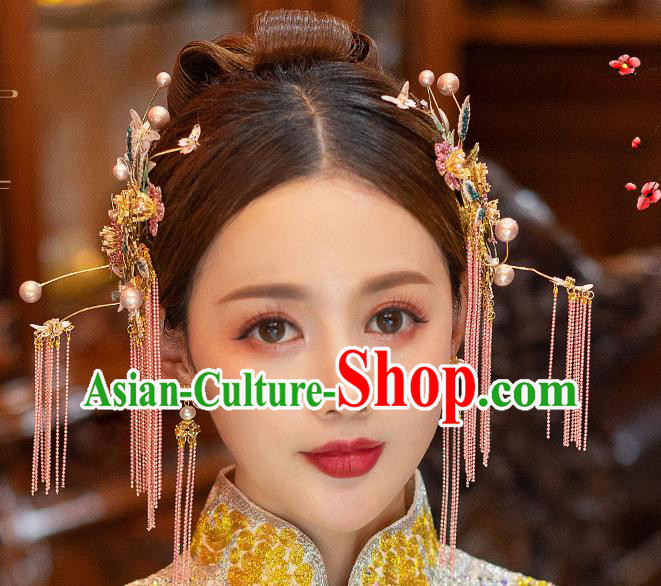Chinese Bride Headdress Traditional Wedding Hair Accessories Classical Xiuhe Suit Pink Tassel Hair Sticks